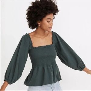 Madewell Lucie Smoked Peplum Top - Midnight Green